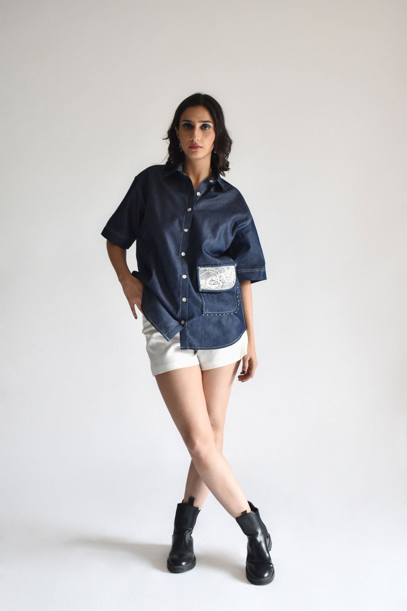 V - Neck Double Pocket Shirt - Prashant Chaurasiya Atelier