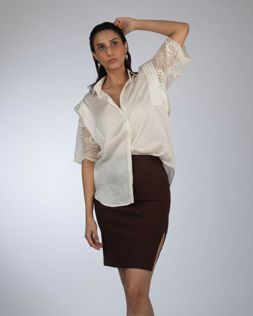Ivory Lace Shirt & Brown Skirt - Prashant Chaurasiya Atelier