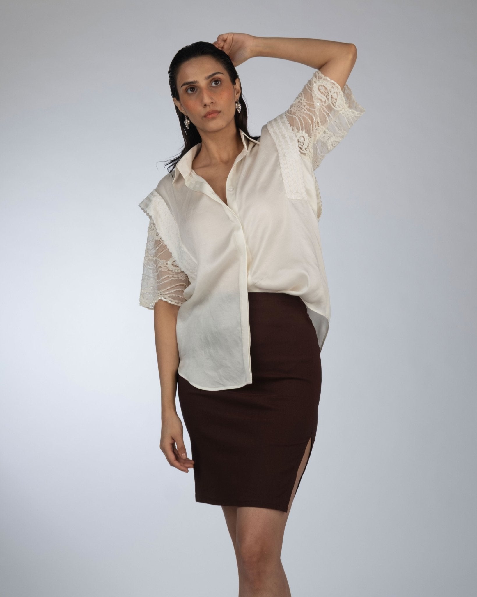 Ivory Lace Shirt & Brown Skirt - Prashant Chaurasiya Atelier