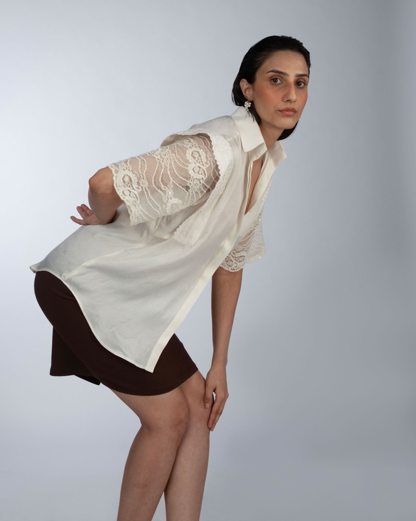 Ivory Lace Shirt & Brown Skirt - Prashant Chaurasiya Atelier