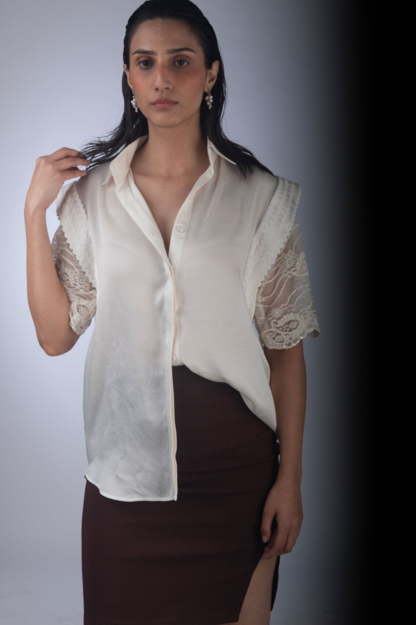 Ivory Lace Shirt & Brown Skirt - Prashant Chaurasiya Atelier