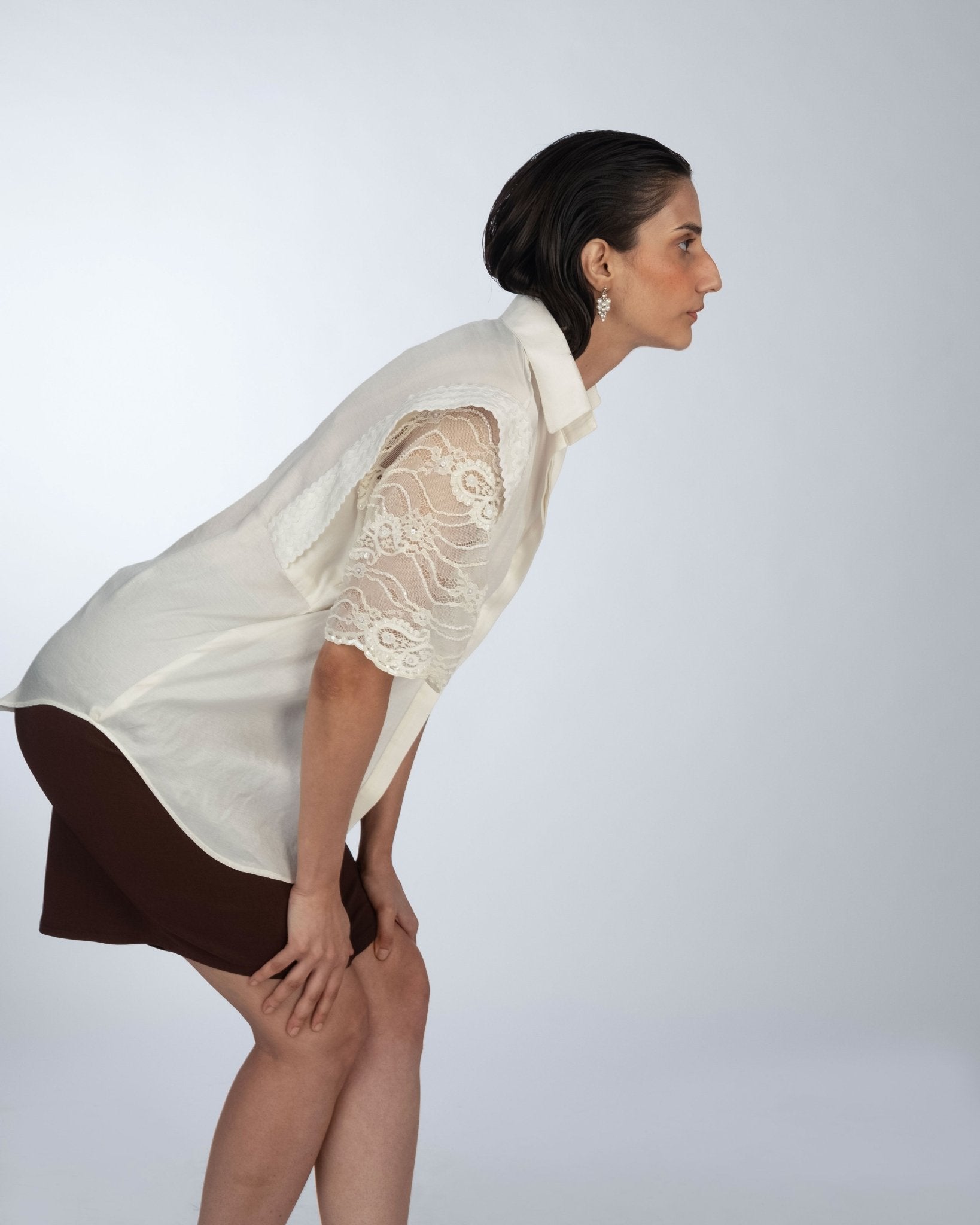 Ivory Lace Shirt & Brown Skirt - Prashant Chaurasiya Atelier