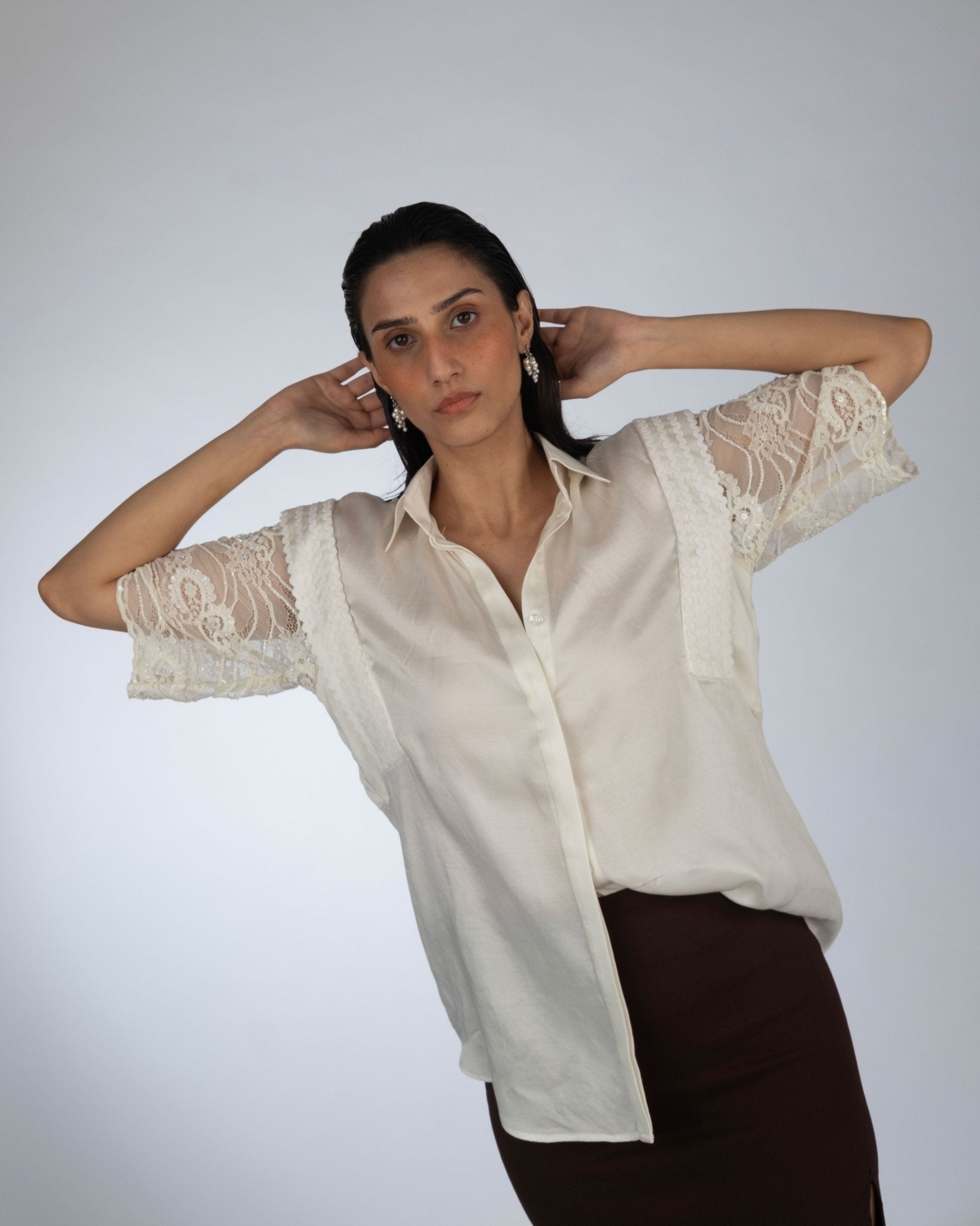 Ivory Lace Shirt & Brown Skirt - Prashant Chaurasiya Atelier