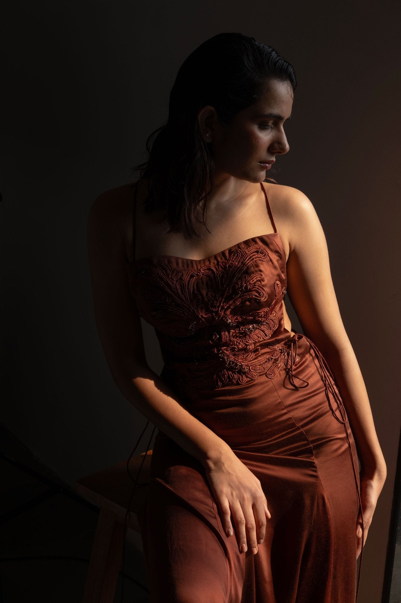 Mocha Brown Embroidered BIB set - Prashant Chaurasiya Atelier